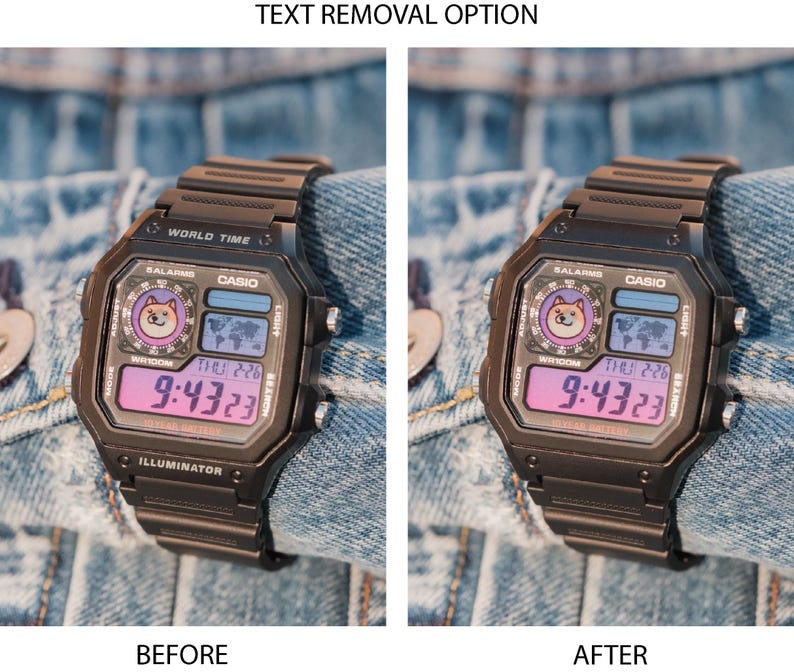 Peut inclure: Une montre num&eacute;rique Casio noire avec un &eacute;cran rose et violet affichant l'heure 9:43:23. Le cadran de la montre pr&eacute;sente un graphique Shiba Inu et le texte "WORLD TIME" et "ILLUMINATOR". La montre est pos&eacute;e sur un fond en jean.