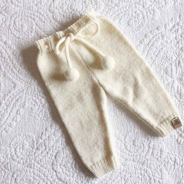 READY TO SHIP 0-3M size Hand Knitted Cream Coloured Pants with Pom Pom ties Gender Neutral