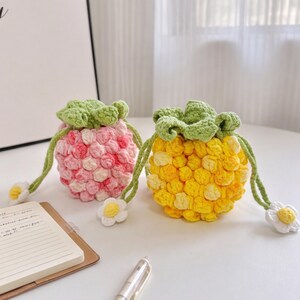 Pineapple Crochet Drawstring Pouch, Handmade Yarn Small Storage Bag for Earphones Lipstick Cables, Cosmetics Travel Organizer, Birthday Gift