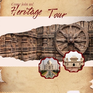 Op de afbeelding: Een reisadvertentie in vintage stijl met de tekst "Come join us! Heritage Tour" in bordeauxrood. De afbeelding toont architectonische details, waaronder een stenen wiel en twee ingelijste foto's van historische gebouwen.