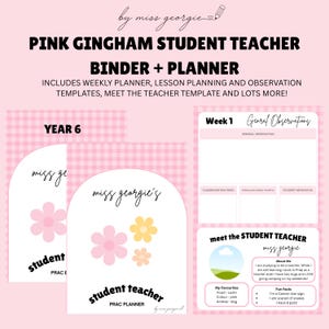 Op de afbeelding: Roze gingham studentenleraar binder en planner. Bevat wekelijkse planner, lesplanning en observatiesjablonen. Het ontwerp heeft een roze en wit gingham patroon met bloemaccenten en de tekst "Year 6".