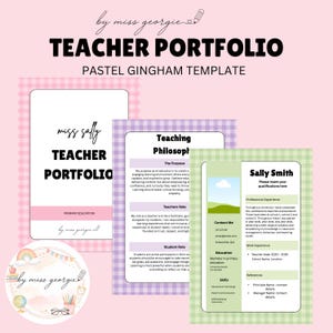 May include: A teacher portfolio template with a pastel gingham design. The portfolio includes pages for a teacher's philosophy, resume, and contact information. The design features pink, purple, and green gingham patterns.