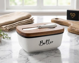 White Ceramic Butter Keeper – Acacia Wood Lid, Spreader, Farmhouse Style