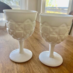 Pair of Westmoreland vintage Old Quilt pattern Milk Glass goblets.