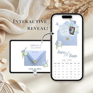 May include: A digital tablet and smartphone displaying an interactive wedding save the date invitation. The screens feature a light blue envelope with lace trim, a wax seal, floral accents, and a July 2026 calendar with the date 16 circled.