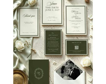 Dark Olive Wedding Invitation Suite, Save the Date, Thank You Cards (Digital Download)
