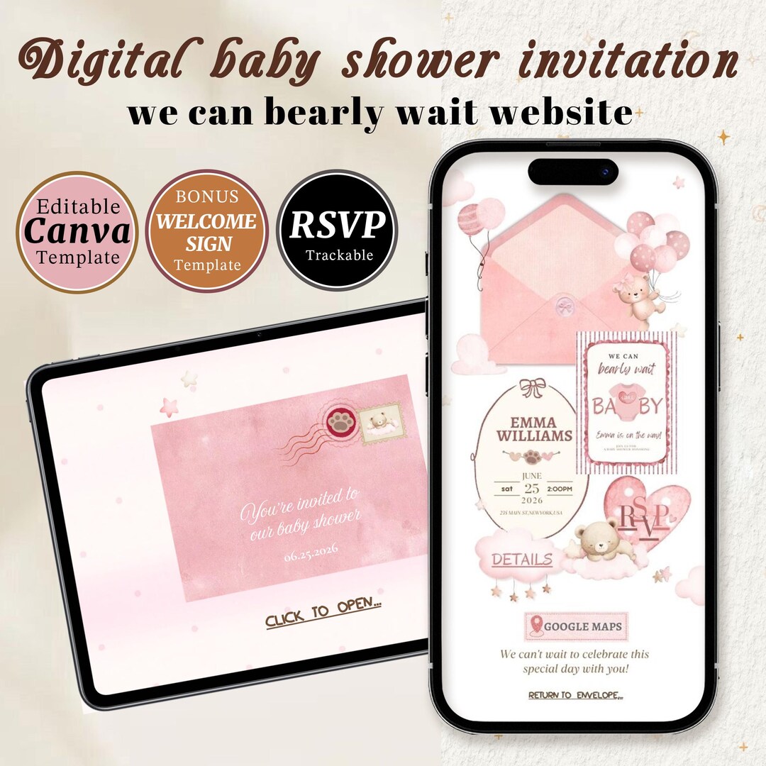 Pink Teddy Bear Baby Shower Website Invitation | Editable Canva Design ...