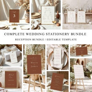 May include: A wedding stationery bundle featuring terracotta and cream colored paper goods including table numbers, bar menus, welcome signs, thank you tags, and seating charts with elegant serif and script typography displayed in various frames.