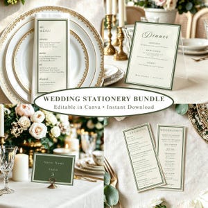 May include: A wedding stationery bundle featuring cream-coloured menu cards, dinner menus, ceremony programmes, wedding party lists, and guest name place cards, all accented with dark green borders and elegant serif typography on white cardstock.