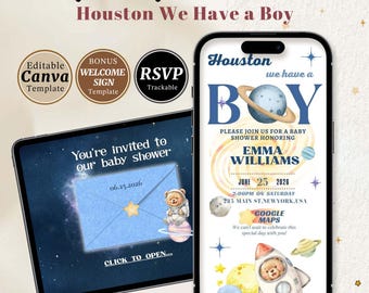 Houston We Have a Boy Baby Shower Invitation, Space Teddy Bear Web Invite (Digital Download)