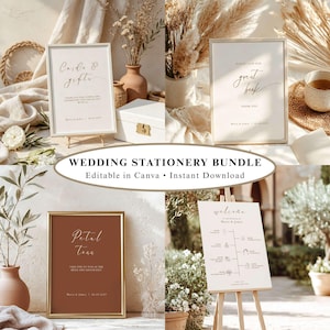 May include: A wedding stationery bundle featuring four signs with elegant script text. The signs include Cards & Gifts, Guest Book, Petal Toss, and a Welcome timeline. Each sign is displayed in a gold frame or on a wooden easel.