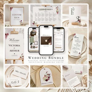 Op de afbeelding: Een trouwstationery-bundel met een aangepast bord, zitplan, tafelnummer, welkomstbord, digitale RSVP-uitnodiging, menu, naamkaartjes, cadeaulabel en bedankkaart. Alle items tonen florale accenten en de tekst Victoria & Arthur.
