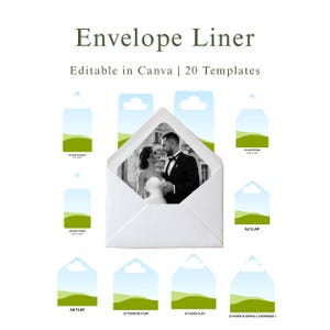 May include: A digital collection of 20 envelope liner templates, editable in Canva. The display features a white envelope with a black and white photograph of a couple inside, surrounded by various liner shapes in light blue and green colors.