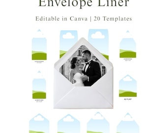 Szablon wkładki do koperty, zestaw 20 wkładek do kopert ze zdjęciami do Canva, A7 Euro Flap, A2 A6 Kwadratowa klapka, Przeciągnij i upuść, gotowe do druku wkładki do pobrania