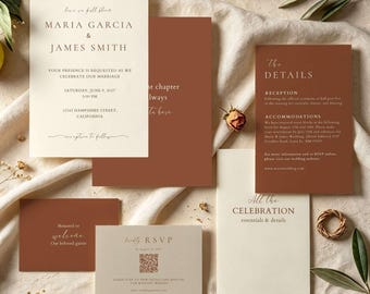 Invito di nozze in terracotta, set di inviti di nozze moderni, modello Canva con dettagli RSVP fronte e retro, download stampabile TCO