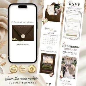 Op de afbeelding: Een digitaal trouwuitnodigingssjabloon weergegeven op een smartphone en verticale lay-out, met een bruine envelop met lakzegel, een kalender voor juli 2026, een afteltimer, een RSVP-formulier en een foto van een koppel op stenen trappen.