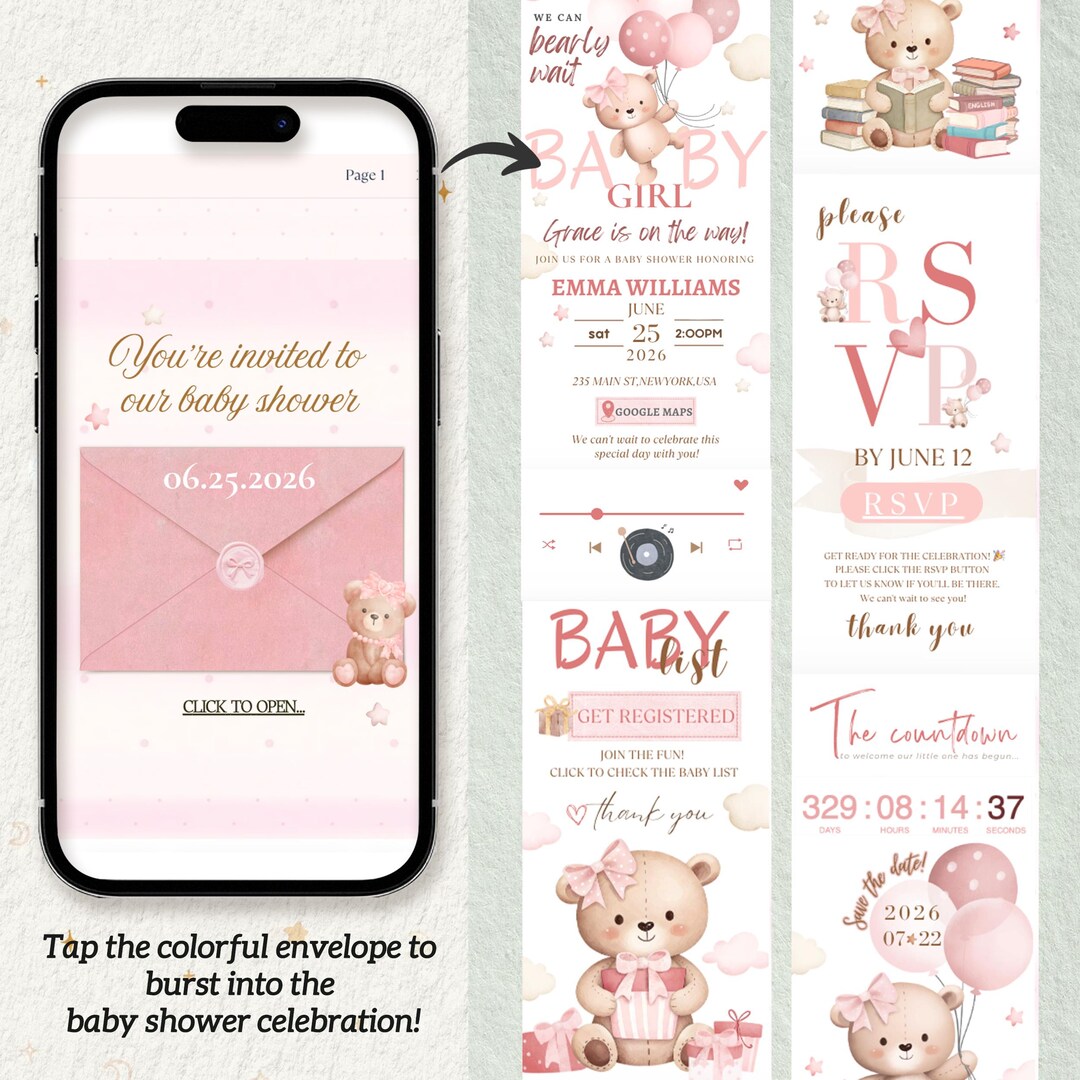 Pink Teddy Bear Baby Shower Invitation Website Template | Editable ...
