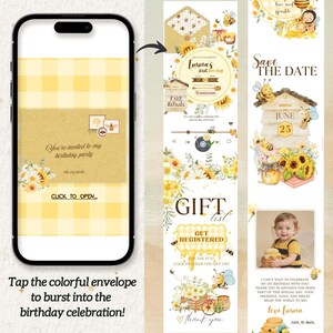 May include: A digital invitation for a first birthday party, featuring a yellow and white gingham background. The invitation includes text, illustrations of bees, sunflowers, and a photo of a baby. The text reads "You're invited to my birthday party" and "Tap the colorful envelope to burst into the birthday celebration!"