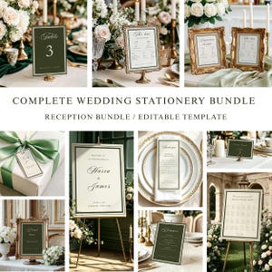 May include: A wedding stationery bundle featuring editable templates for table numbers, bar menus, welcome signs, thank you cards, and seating charts. The designs use a cream and dark green color palette with elegant serif typography and borders.