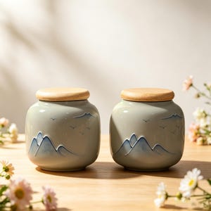 Op de afbeelding: Twee lichtgroene keramische voorraadpotten met afgeronde lichamen en lichtgekleurde houten deksels. Elke pot is voorzien van een reliëf van een handgeschilderd blauw berglandschap aan de basis en kleine, verfijnde blauwe vogels in de lucht.