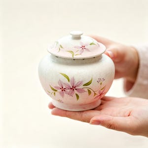 May include: A small, white ceramic jar with a lid, decorated with pink floral patterns and green leaves. The jar is held in open hands, highlighting its delicate painted details. The jar has a round shape and a small knob on the lid.