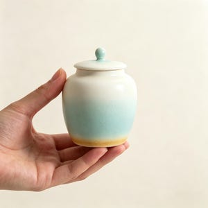 May include: A small ceramic jar with a lid. The jar is white at the top, fading to a light blue-green in the middle, with a yellow base. The lid has a small, round knob. The jar is held in a hand.