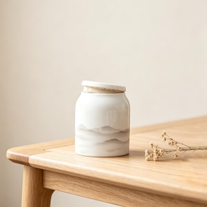 May include: A white ceramic jar with a lid, featuring a landscape design in shades of grey. The jar is cylindrical with a slightly angled lid. The jar is sitting on a wooden table. A small sprig of dried flowers is on the table.