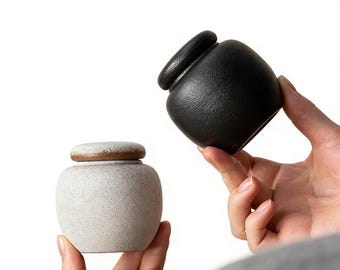 Small Memorial Urn,Ceramic Keepsake Urn for Ashes with Lid, Handmade Cremation Urn ,Pet or Human Ashes Urn, Matte Black Beige