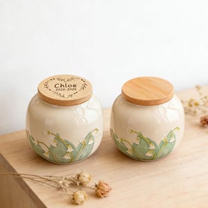 Personalized Ceramic Pet Urn for Ashes, Small Keepsake Urn 6.8 oz, Custom Engraved Bamboo Lid, Lily of the Valley Pet Memorial Urn