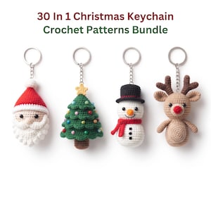 May include: A 30 in 1 Christmas keychain crochet patterns bundle featuring four amigurumi keychains: a Santa Claus, a green Christmas tree with colorful ornaments, a snowman with a black hat and red scarf, and a brown reindeer with a red nose.