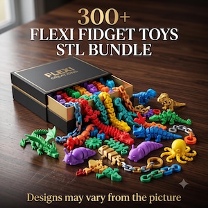 Puede incluir: Una caja negra etiquetada como FLEXI CREATIONS que contiene una colección de juguetes fidget de plástico articulados y coloridos con varias formas de animales, incluidos dinosaurios, dragones y pulpos, con el texto 300+ FLEXI FIDGET TOYS STL BUNDLE.