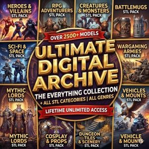 Puede incluir: Imagen promocional de un archivo digital con varios paquetes STL. La imagen muestra categorías como Héroes y Villanos, Aventureros RPG, Criaturas y Monstruos, Ciencia Ficción y Espacio, Señores Míticos, Cosplay y Accesorios, Azulejos de Mazmorras y Escenarios, y Vehículos y Monturas. El texto dice "ULTIMATE DIGITAL ARCHIVE".