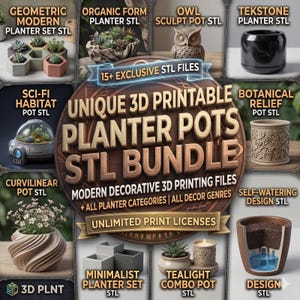 Może przedstawiać: Kolekcja donic do druku 3D w różnych stylach, w tym geometrycznych, organicznych i botanicznych. Obraz przedstawia pakiet plików STL z różnymi kategoriami i gatunkami dekoracji. Tekst zawiera "UNIQUE 3D PRINTABLE PLANTER POTS STL BUNDLE".
