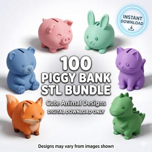 Könnte beinhalten: Eine Sammlung von sechs tierförmigen Sparschweinen in Rosa, Mintgrün, Blau, Lila, Orange und Grün. Der Text lautet 100 PIGGY BANK STL BUNDLE, Cute Animal Designs, DIGITAL DOWNLOAD ONLY, INSTANT DOWNLOAD und Designs may vary from images shown.