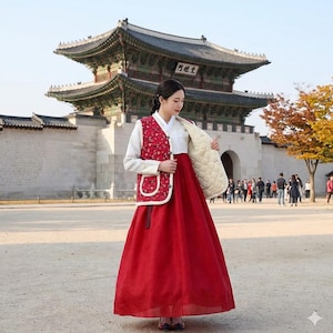 May include: A woman wearing a traditional Korean Hanbok dress in front of a historic building. The dress features a vibrant red skirt, a white blouse, and a red floral vest with white trim. The vest is open, revealing a quilted cream lining.