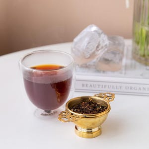 Empress Brass Tea Strainer with Holder, Vintage Loose Leaf Chai Filter