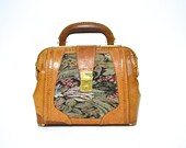 Vintage Leather Needlepoint Tapestry Floral Speedy Bag / Train Case