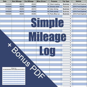 Mileage Log Spreadsheet & Printable PDF | Business or Personal Mileage Tracker | Tax Ready Excel Template