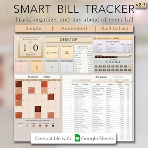 Puede incluir: Seguimiento digital de facturas con un esquema de color beige y marrón. La interfaz muestra un calendario, fechas de vencimiento de facturas y resúmenes de gastos. El texto "SMART BILL TRACKER" está en la parte superior, con "Compatible con Google Sheets" en la parte inferior.
