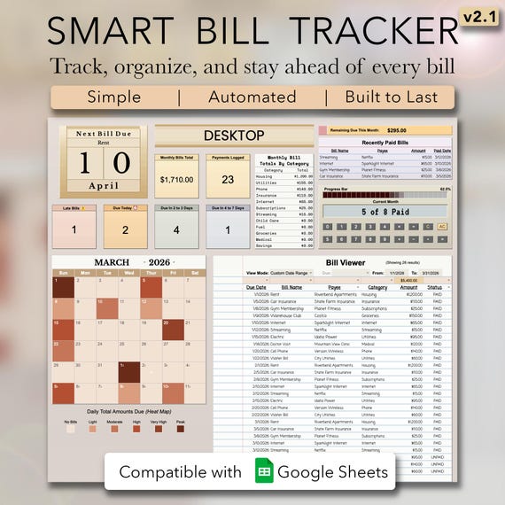 Smart Bill Tracker with Calendar | Google Sheets Template | Monthly Bill Organizer | Payment Tracker | Bill Spreadsheet