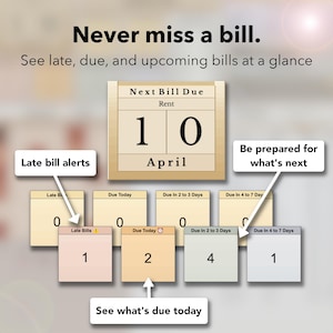 May include: An advertisement with the text "Never miss a bill." A calendar shows "Next Bill Due" on April 10. Additional boxes display "Late Bill Alerts," "Due Today," and "Due in 2 to 3 Days."