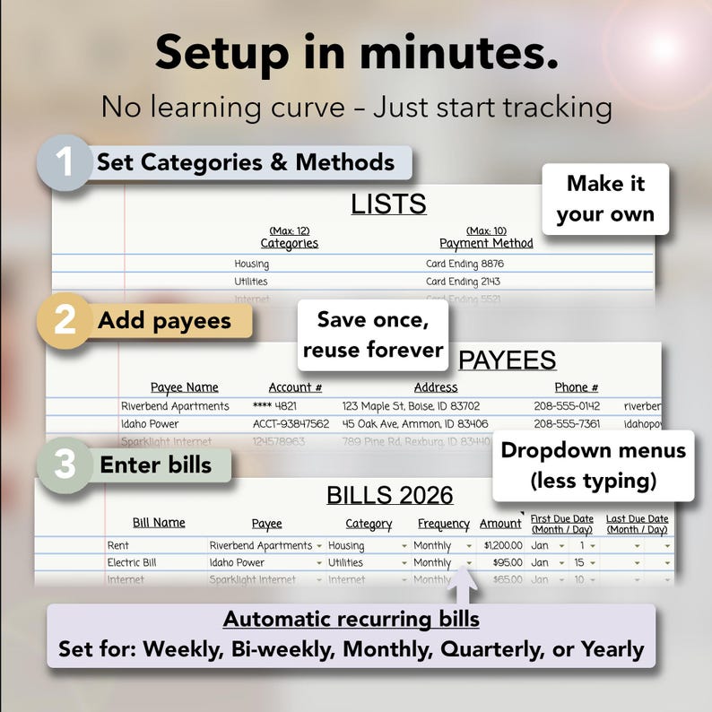 May include: A digital financial tracking interface with a white background. The interface is divided into sections for setting categories, adding payees, and entering bills. Text includes "Setup in minutes" and "Automatic recurring bills."