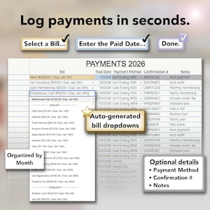 May include: A digital interface showing a payment log for 2026, with options to select a bill and enter a paid date. Features include auto-generated bill dropdowns and optional details for payment method, confirmation number, and notes.