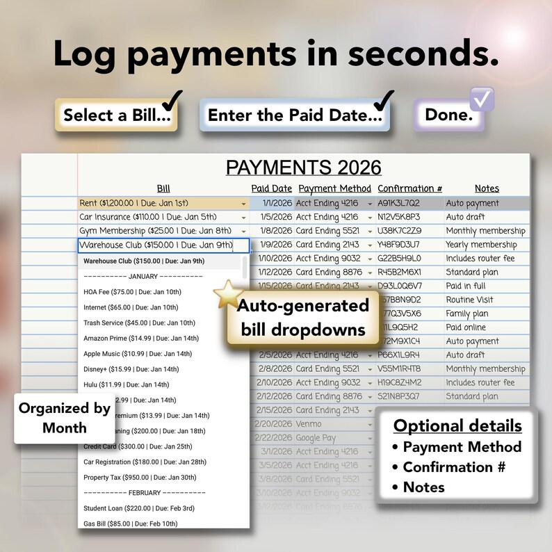May include: A digital interface showing a payment log for 2026, with options to select a bill and enter a paid date. Features include auto-generated bill dropdowns and optional details for payment method, confirmation number, and notes.