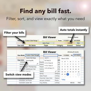May include: A bill management application interface is shown, with options to filter bills by date range, payee, and status. The text reads "Find any bill fast. Filter, sort, and view exactly what you need."