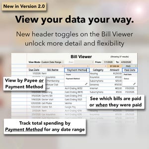 May include: Screenshot of a bill viewer interface, displaying financial data organised by payment method, date, and category. The interface highlights features like tracking spending, viewing bills, and filtering by date range. Text includes "View your data your way."