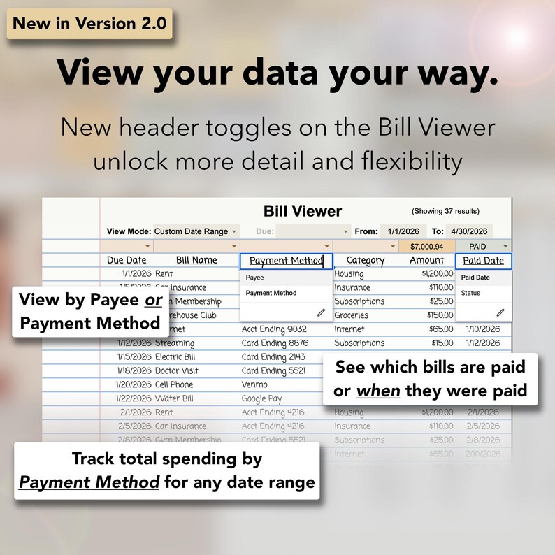 May include: Screenshot of a bill viewer interface, displaying financial data organised by payment method, date, and category. The interface highlights features like tracking spending, viewing bills, and filtering by date range. Text includes "View your data your way."