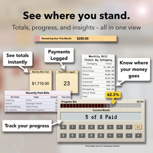 May include: A financial dashboard graphic with the text "See where you stand." Displays monthly bills, payments logged, and progress. Includes a calculator graphic showing "5 of 8 Paid" and a remaining due amount of &pound;295.00.