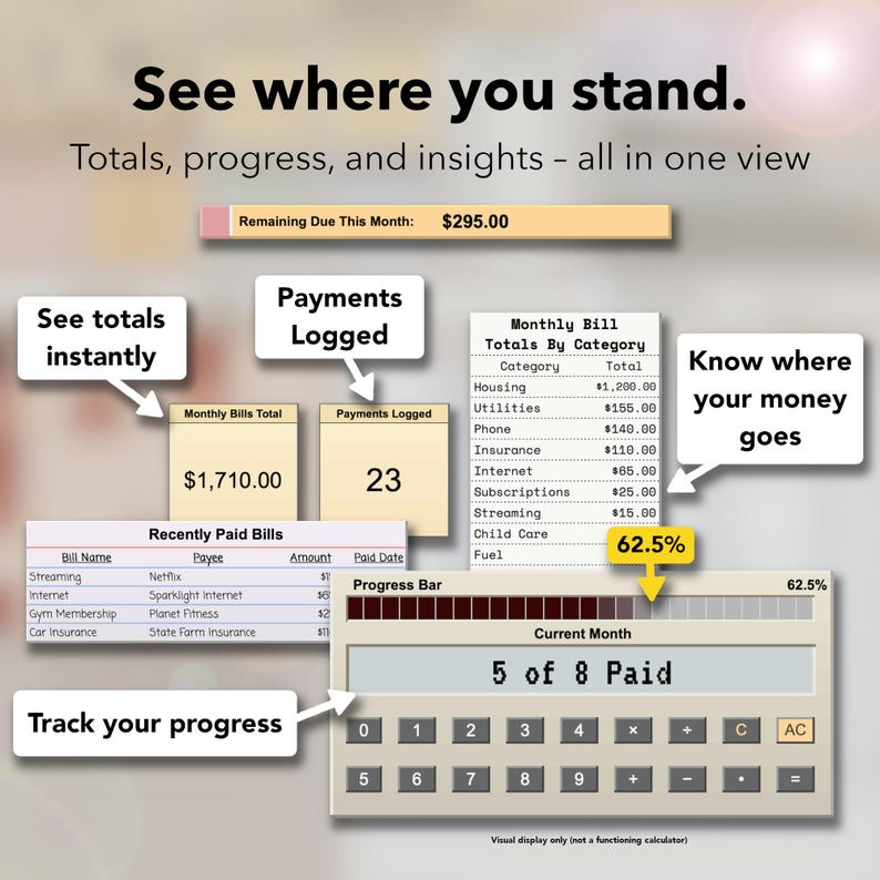 May include: A financial dashboard graphic with the text "See where you stand." Displays monthly bills, payments logged, and progress. Includes a calculator graphic showing "5 of 8 Paid" and a remaining due amount of &pound;295.00.