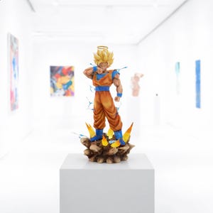 Puede incluir: Figura detallada de un personaje con pelo amarillo puntiagudo, vistiendo un atuendo naranja y azul, y un halo dorado. La figura se alza sobre una base rocosa con detalles amarillos y naranjas, con efectos de energía azul. La figura se exhibe sobre un pedestal blanco.